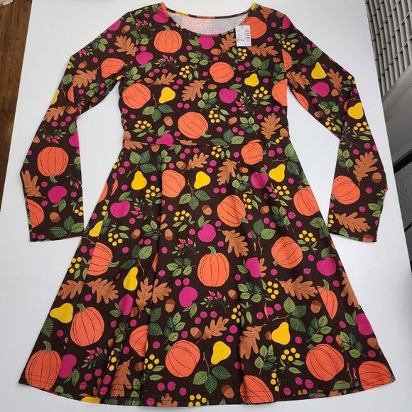 Girls Winter December Fall Autumn Harvest Pumpkins Printed Dress Size XL 14 NEW